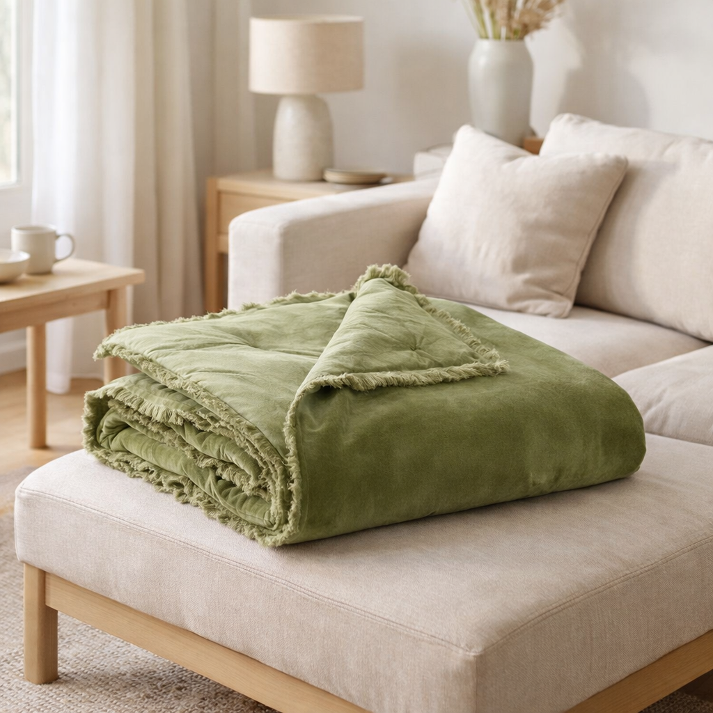 Plaid uni Fara Olive 135 x 200 en situation
