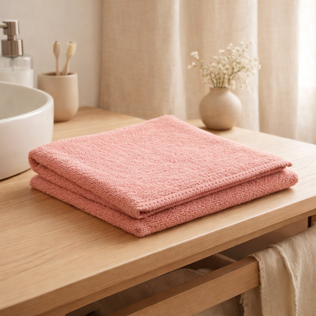 Serviette de toilette Bora Azalée 50 x 100 en situation