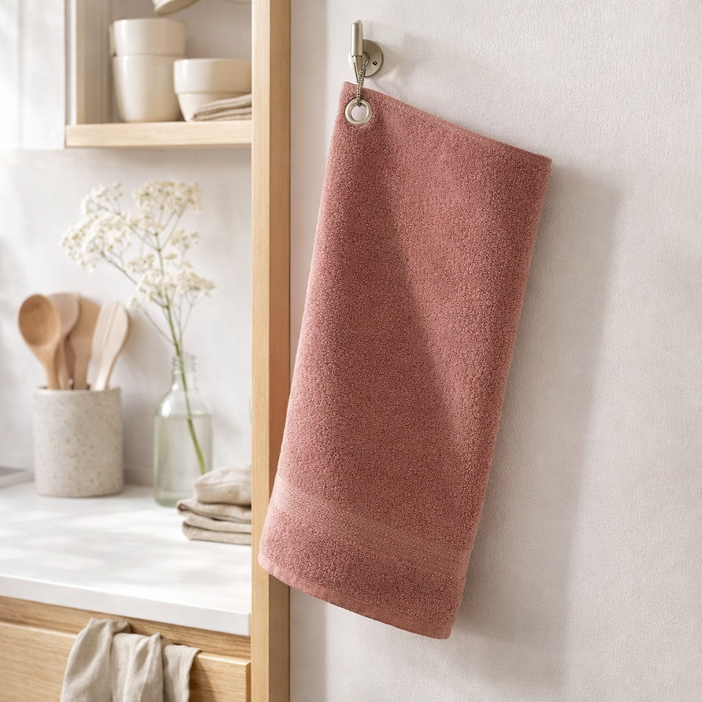 Essuie-mains oeillet Curl Bois de rose 50 x 50 en situation