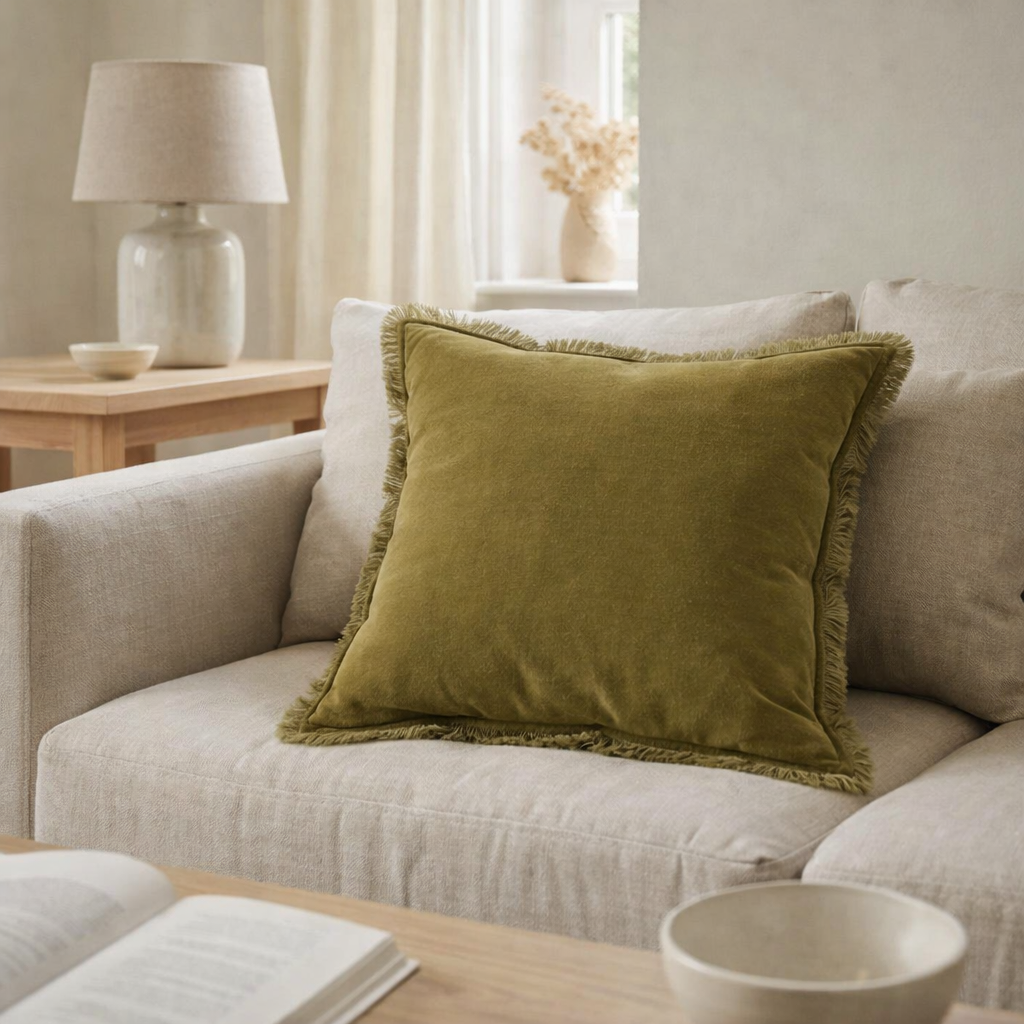 Coussin uni Fara Olive 45 x 45 en situation