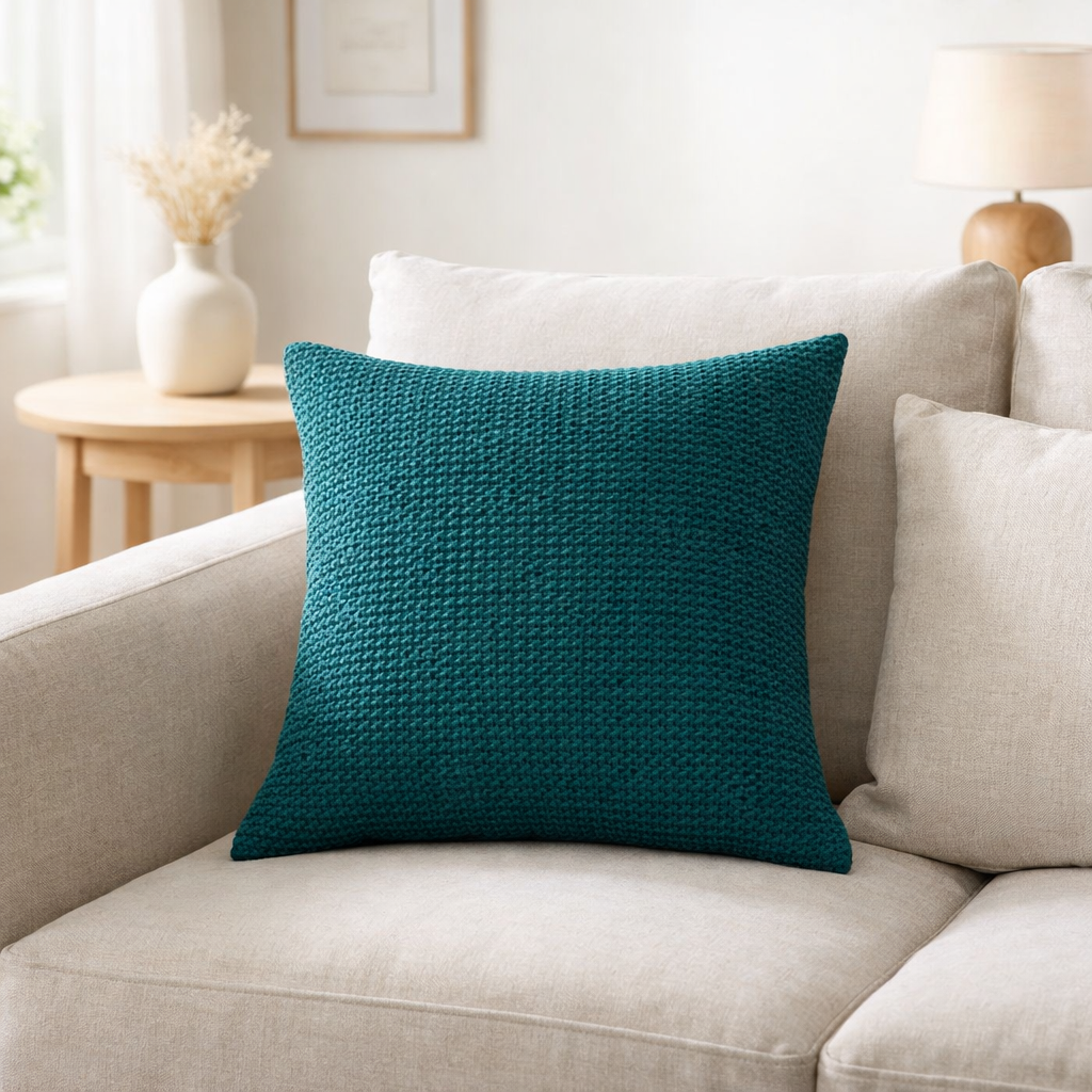 Coussin recyclé Maia Pétrole 45 x 45 en situation