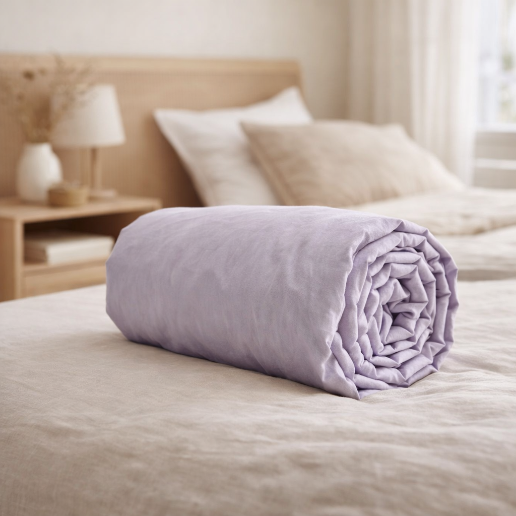 Drap housse Céleste Lilas 200 x 180 en situation
