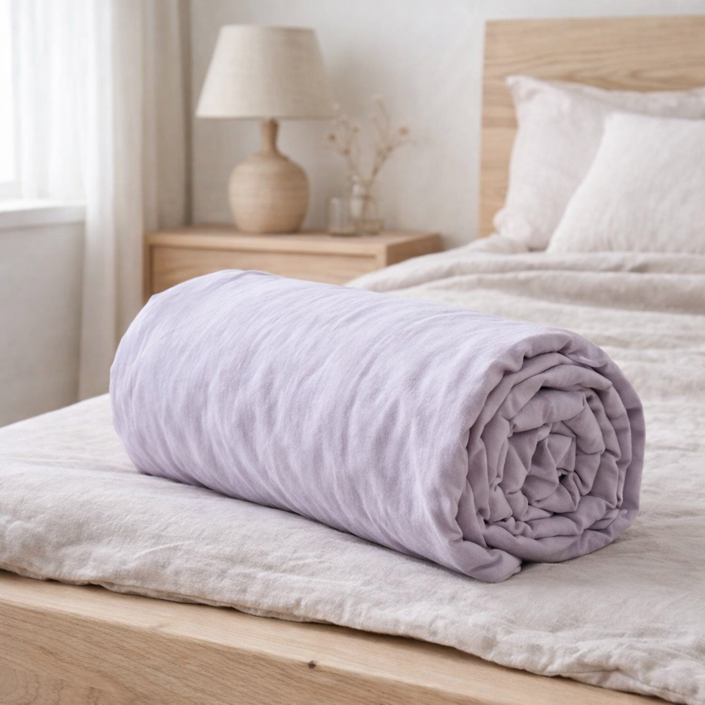 Drap housse Céleste Lilas 200 x 160 en situation