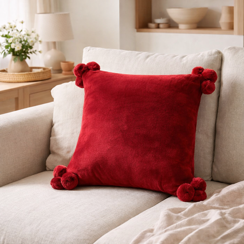 Coussin Tender pompons Rubis 45 x 45 en situation