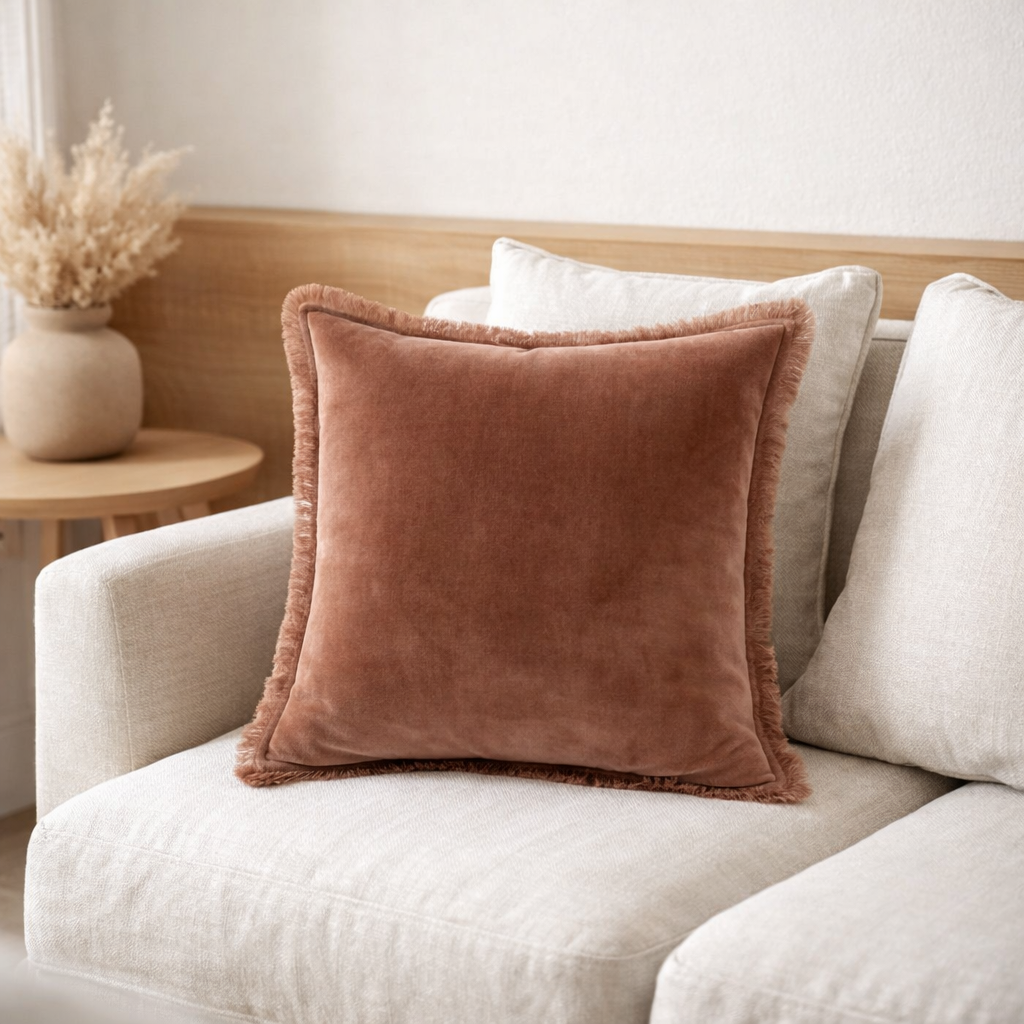 Coussin uni Fara Bois de rose 45 x 45 en situation