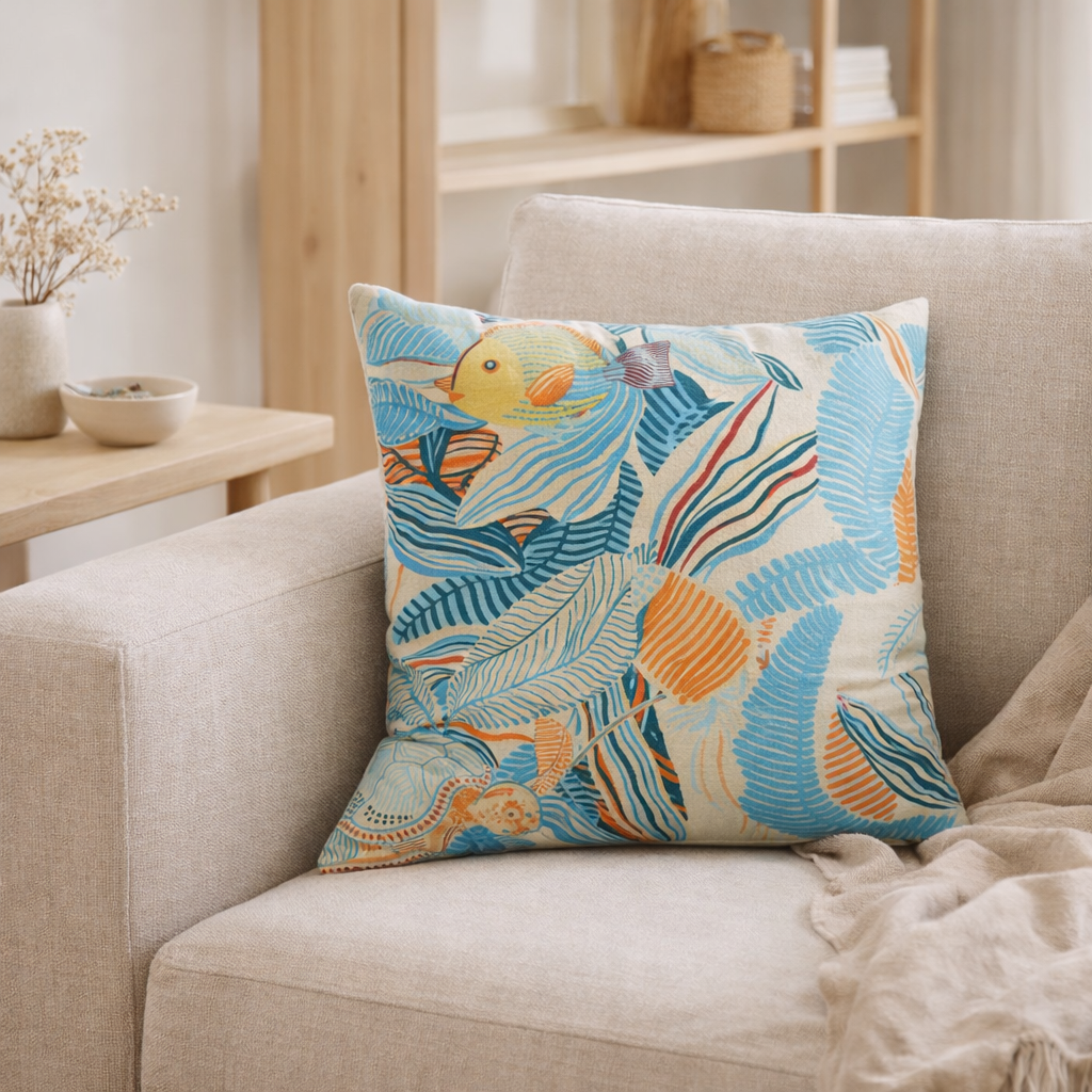 Coussin imprimé Dori Lagon 45 x 45 en situation