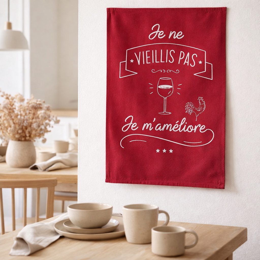 Torchon Je m'améliore Rouge 70 x 50 en situation