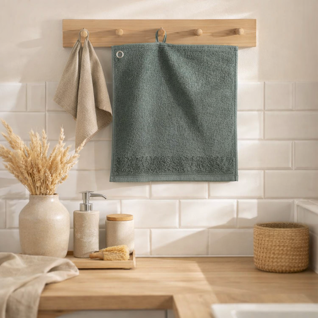 Essuie-mains Oeillet Curl Vert de gris 50 x 50 en situation