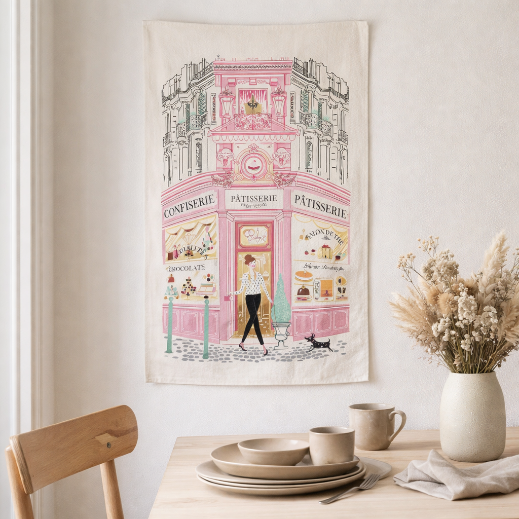 Torchon Imprimé Façade patisserie Ecru 48 x 72 en situation