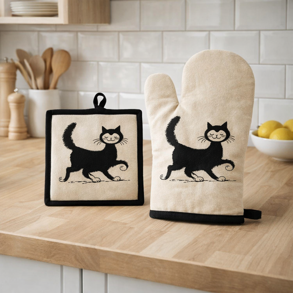 Gant de cuisine + Manique Dubout Chat Balade Beige 18 x 28 en situation