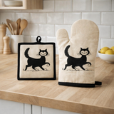 Gant de cuisine + Manique Dubout Chat Balade Beige 18 x 28 en situation