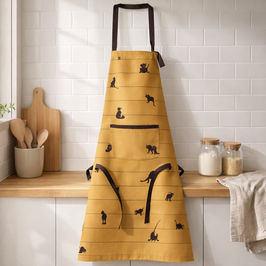 Tablier de cuisine Dubout Partition de chats Cannelle 72 x 85 en situation