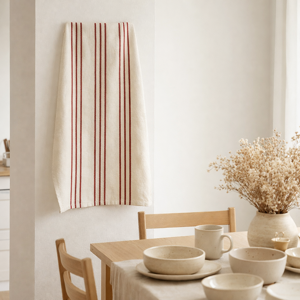 Torchon Rayé Karma Rouge/ecru 55 x 75 en situation