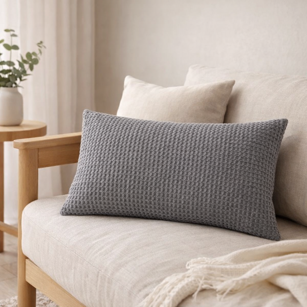 Coussin recyclé Maia Orage 30 x 50 en situation