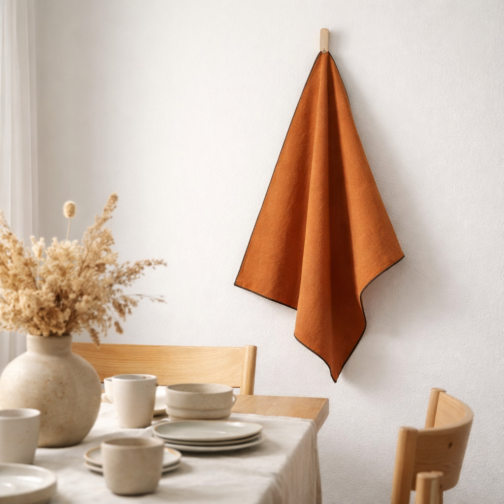 Torchon recyclé Isae Caramel 50 x 70 en situation