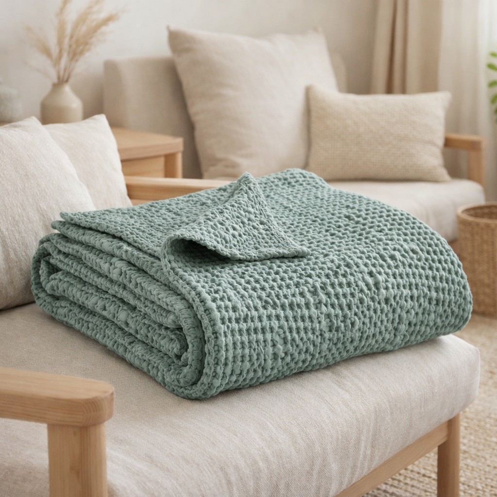 Plaid stonewashed Tana Vert de gris 140 x 200 en situation