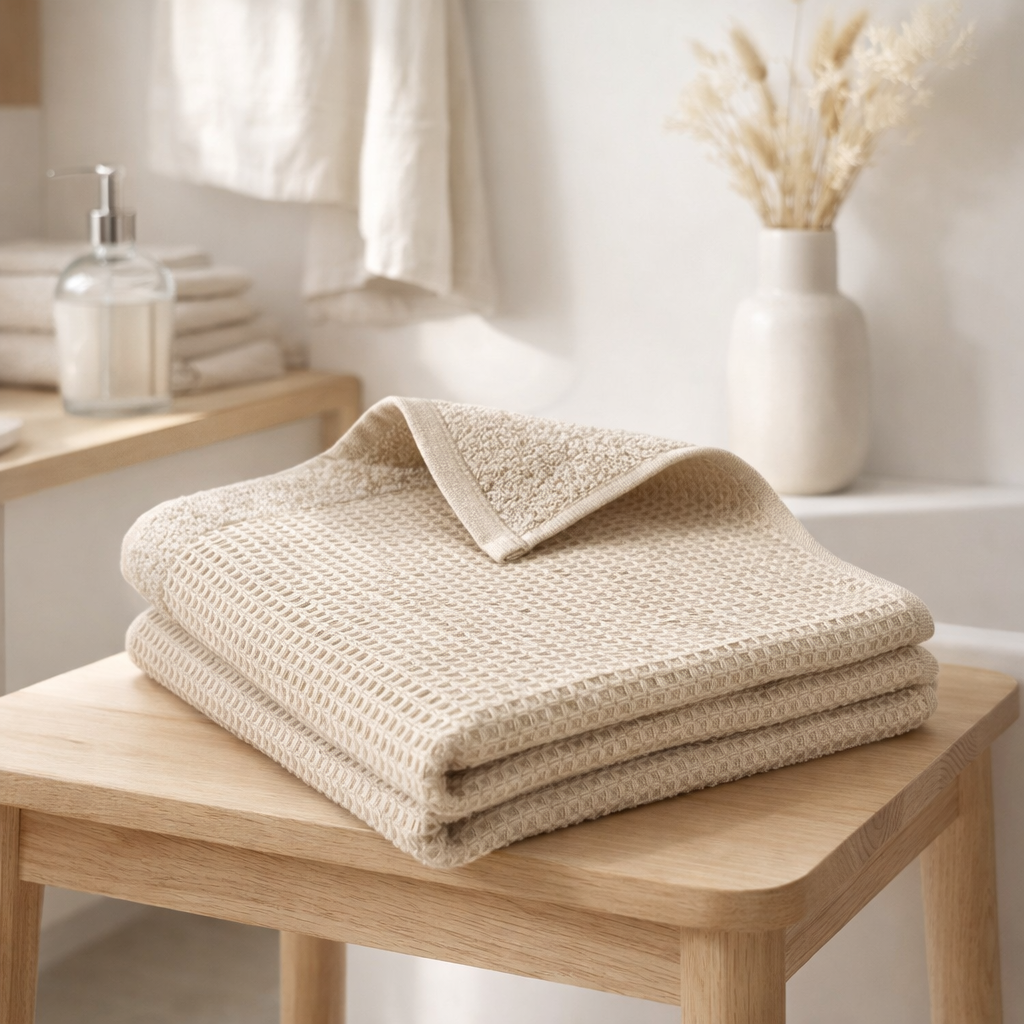 Drap de bain recyclé Abby Naturel 90 x 150 en situation