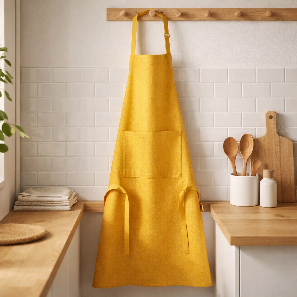 Tablier de cuisine recyclé Dario Tournesol 85 x 72 en situation