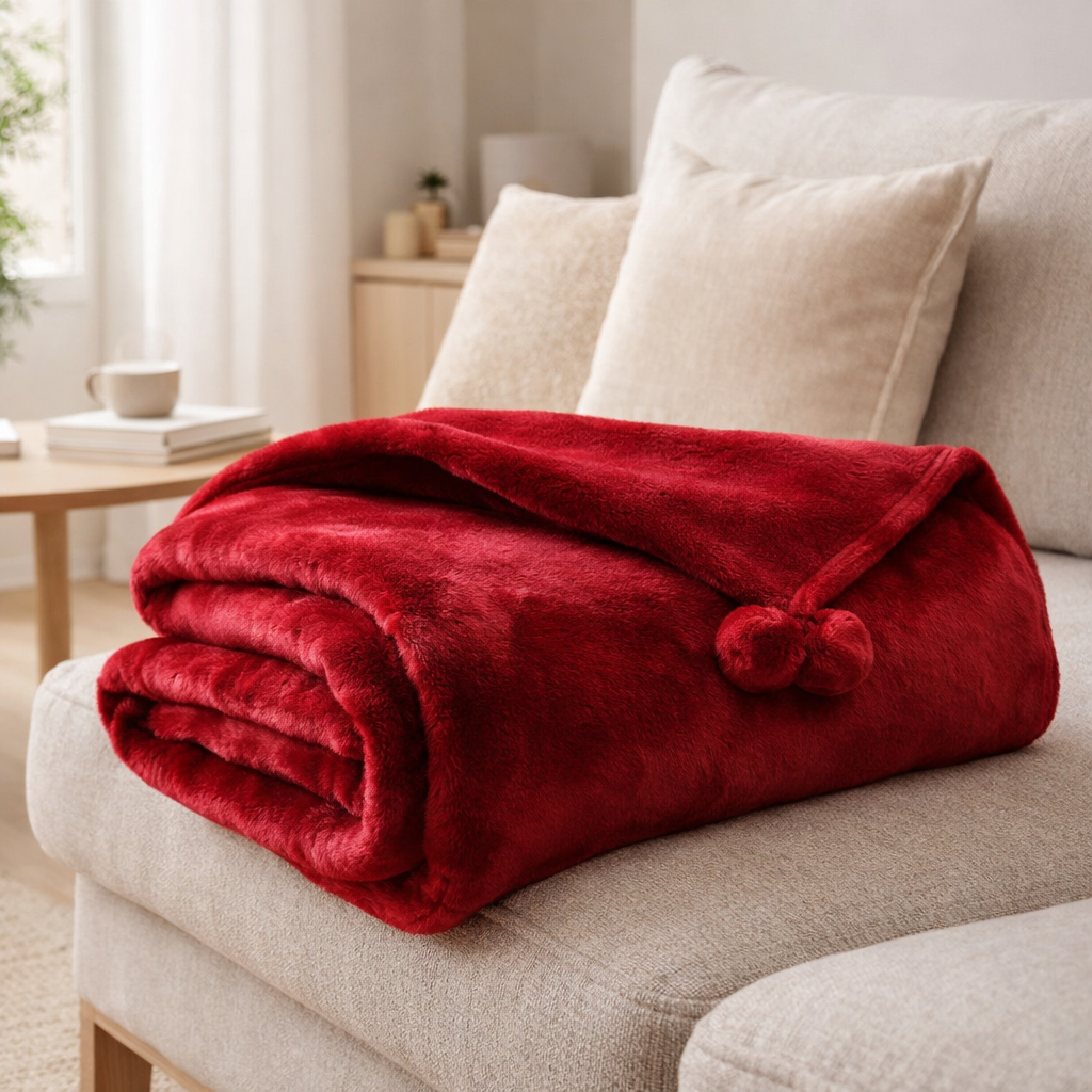 Plaid Tender pompons Rubis 130 x 170 en situation