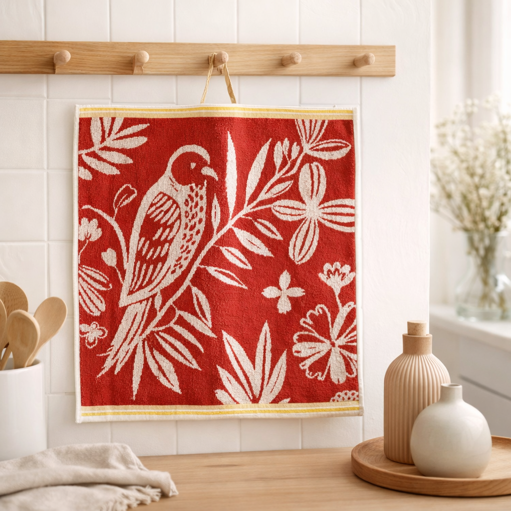 Essuie-mains Flavi Rouge 50 x 50 en situation