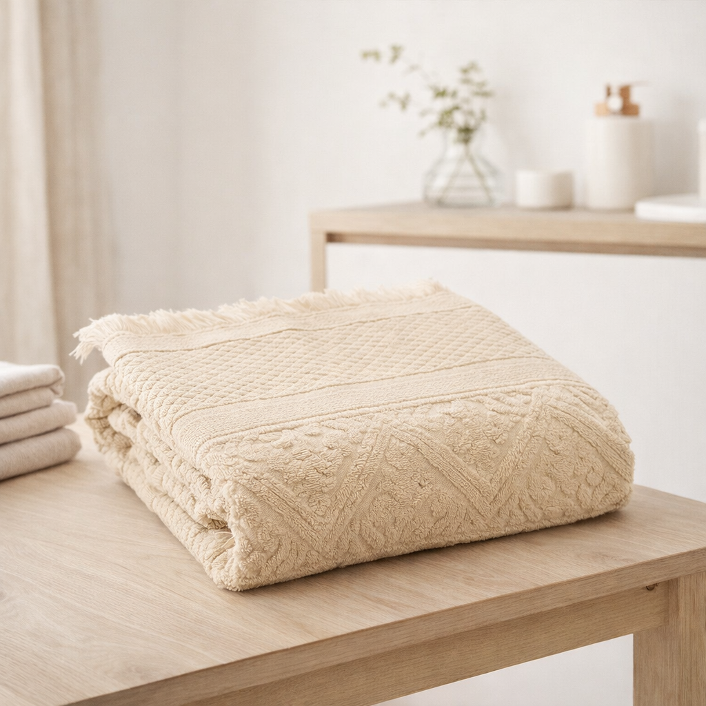 Drap de bain uni Zoe Vanille 100 x 180 en situation