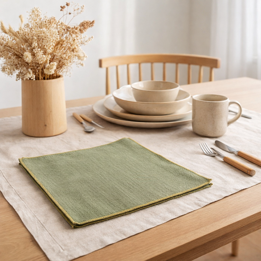 Serviette de table recyclée Grace Matcha 40 x 40 en situation