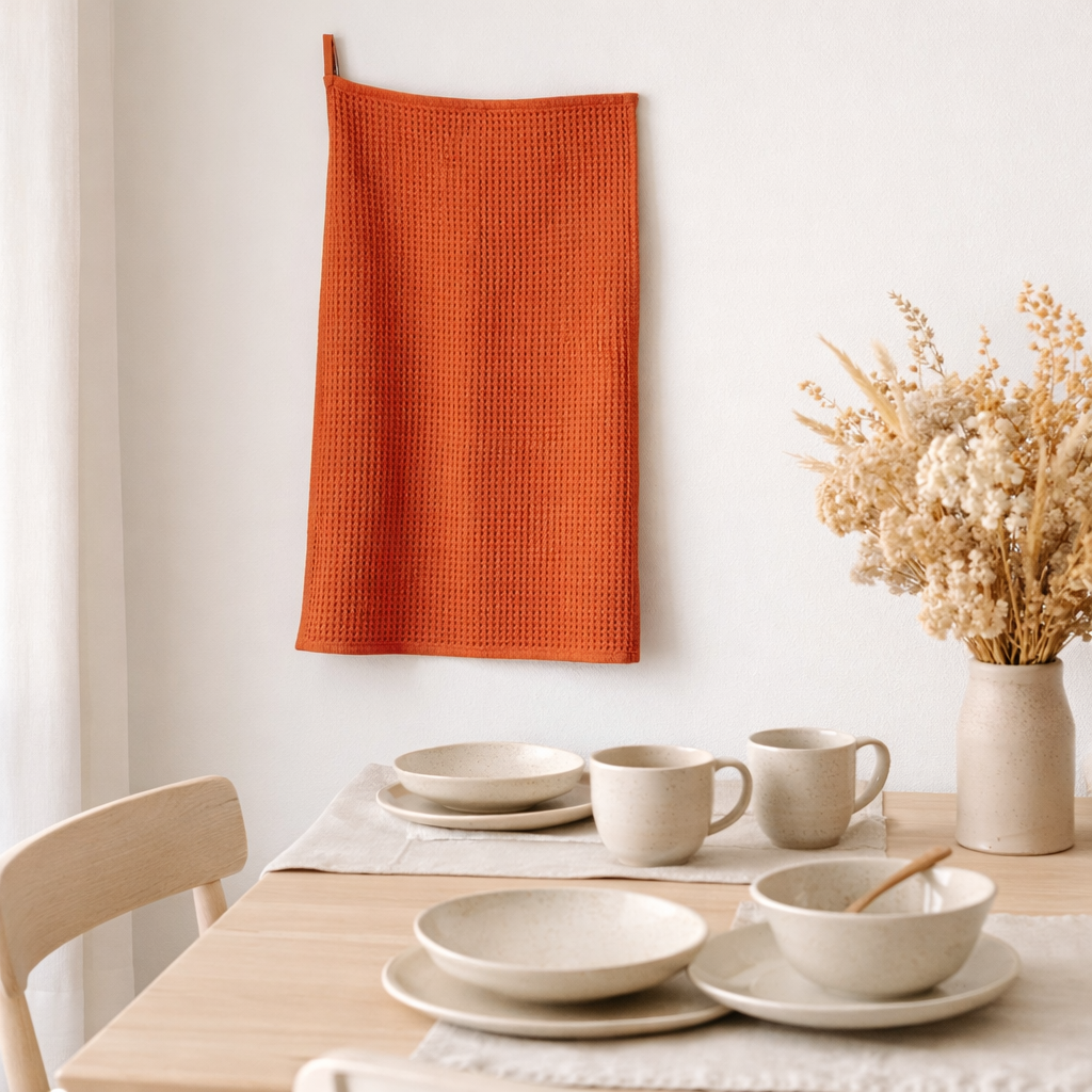 Torchon nid d'abeilles uni Mumba Marmelade 50 x 70 en situation
