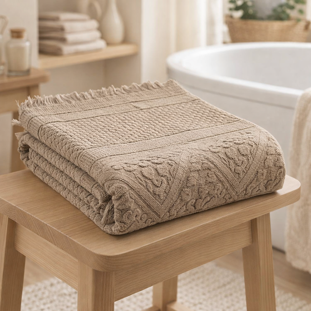 Serviette de toilette uni Zoe Chamois 50 x 100 en situation