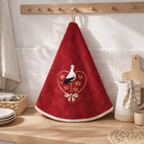 Essuie-mains rond Brodé Cigogne Fleurs Rouge Diamètre 60 cm en situation