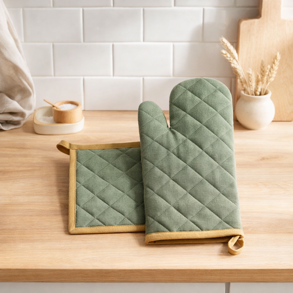 Lot gant de cuisine/manique recyclé Grace Matcha 15 x 32 en situation