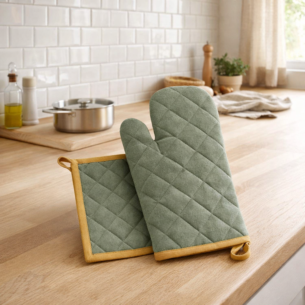 Lot gant de cuisine/manique recyclé Grace Matcha 15 x 32 en situation