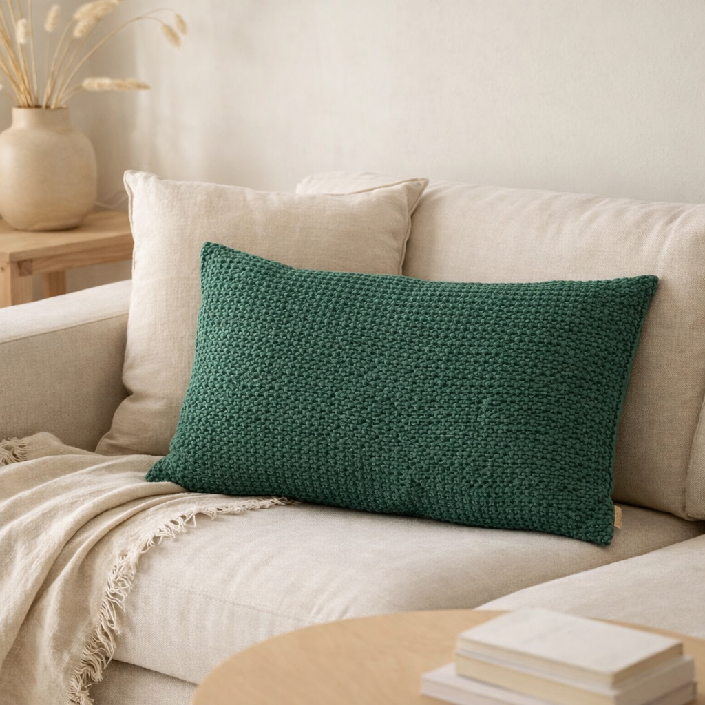 Coussin stonewashed Maia Epicea 30 x 50 en situation