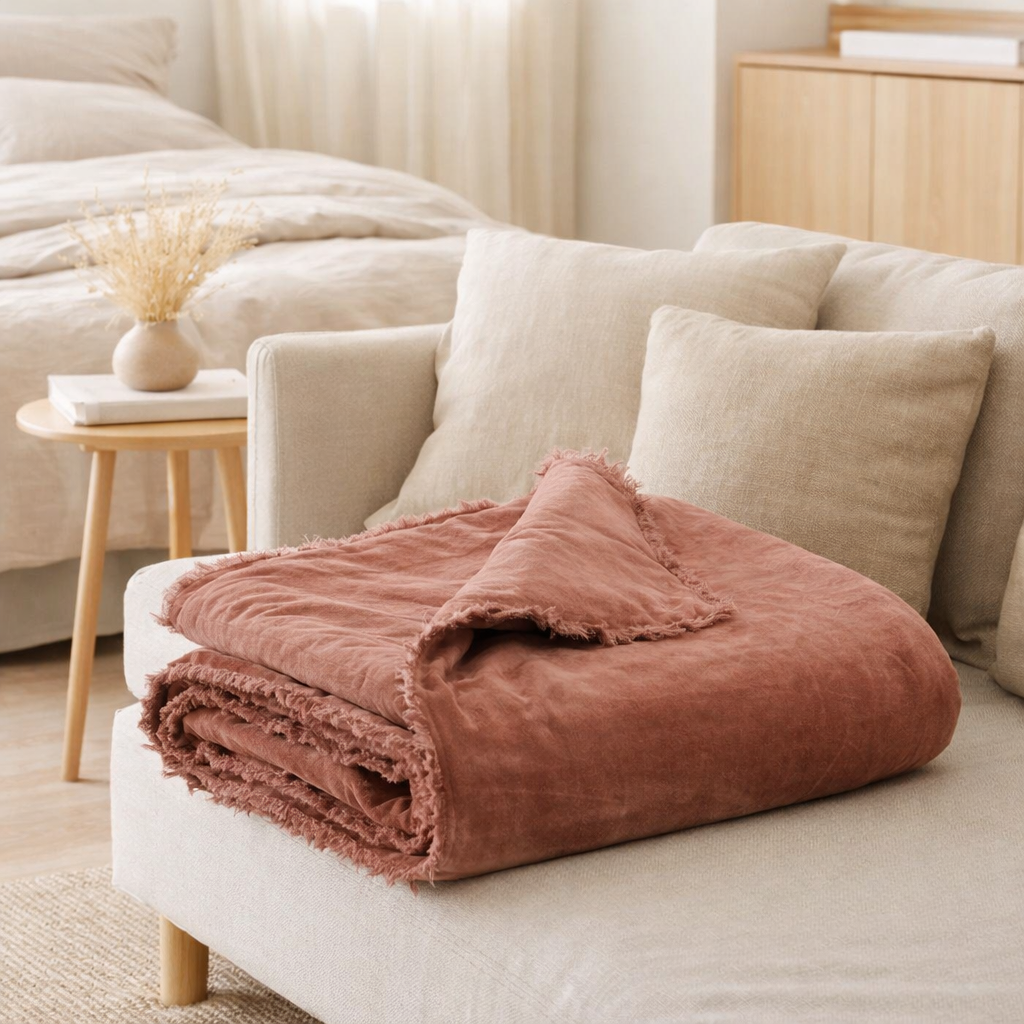 Plaid uni Fara Bois de rose 135 x 200 en situation