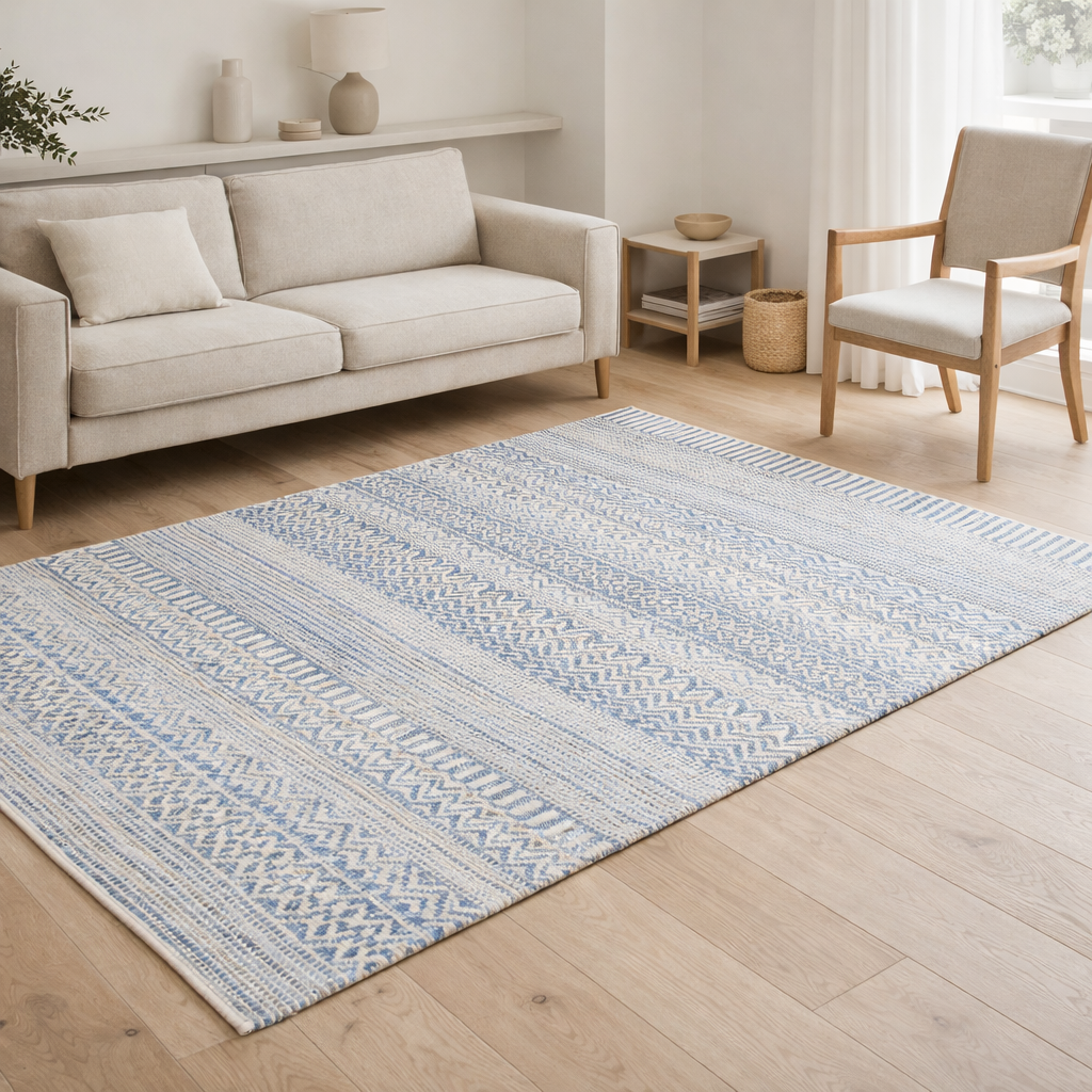 Tapis Sarah Ivoire/bleu 160 x 230 en situation