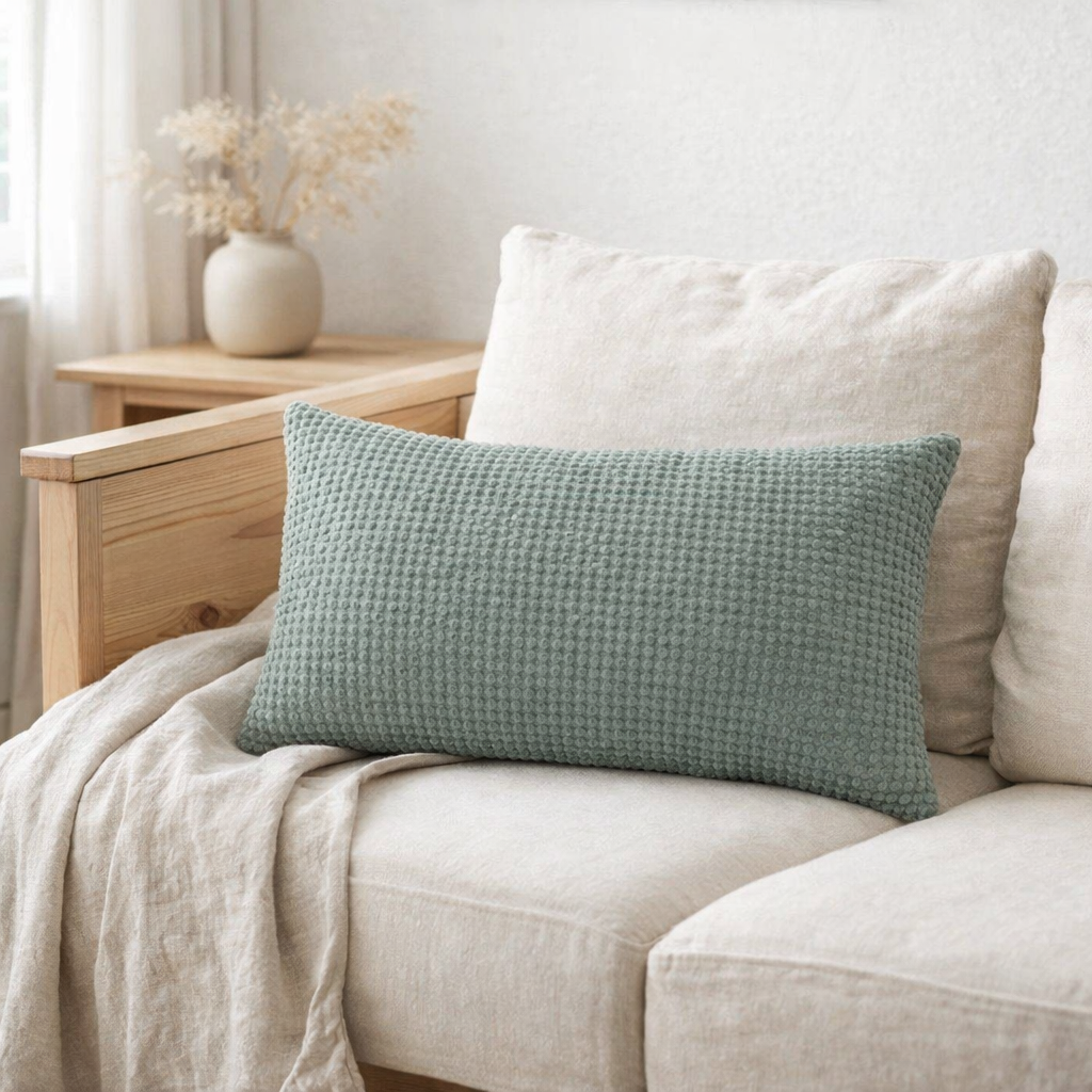 Coussin recyclé Maia Vert de gris 30 x 50 en situation