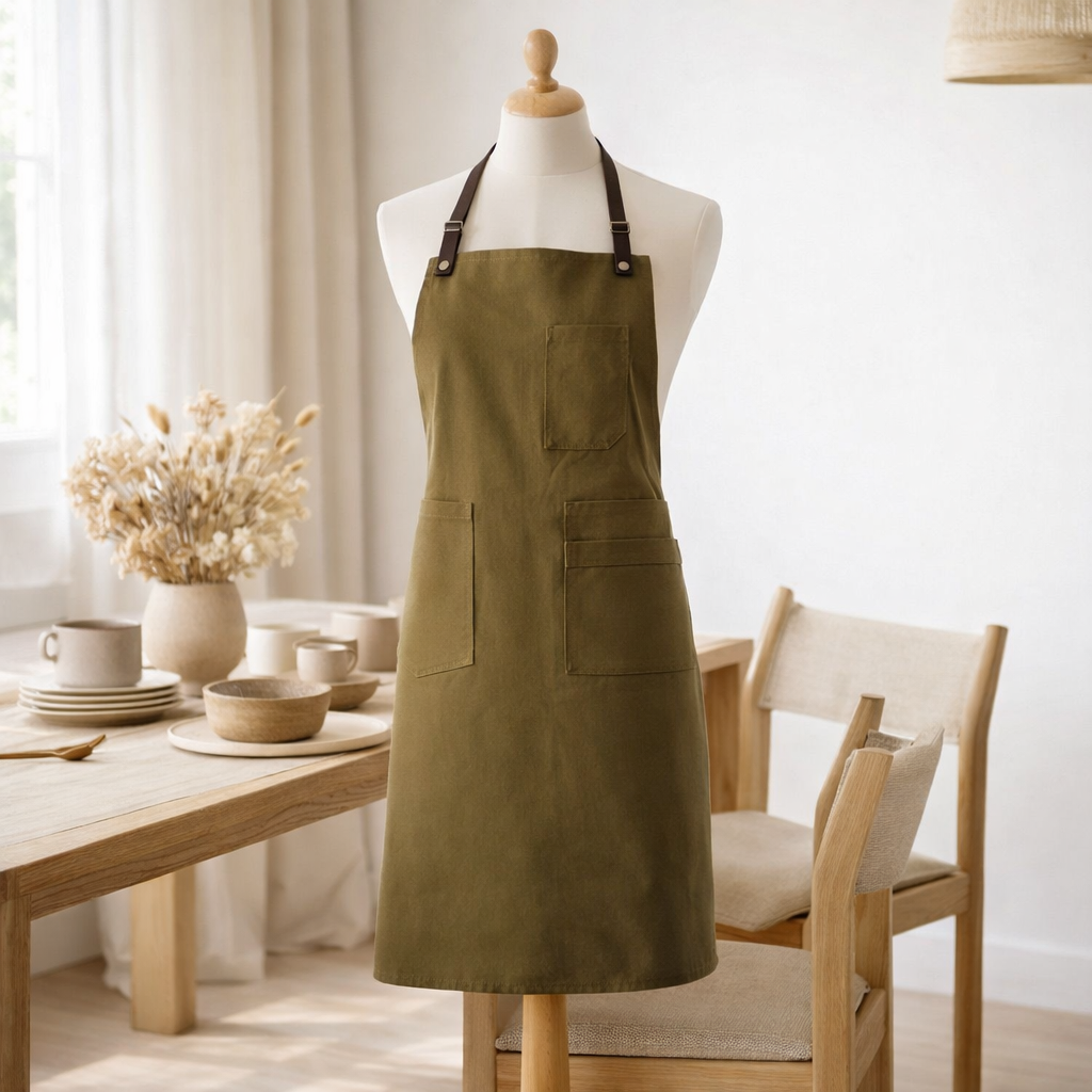 Tablier de cuisine Léo Kaki 70 x 90 en situation