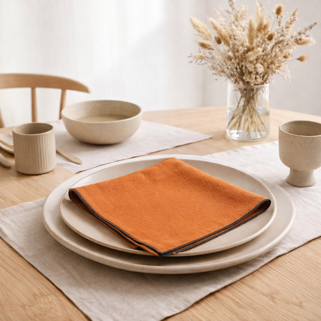 Serviette de table recyclée Grace Caramel 40 x 40 en situation