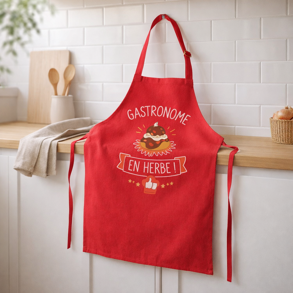 Tablier de cuisine enfant Gastronome recyclé Rouge 52 x 63 en situation