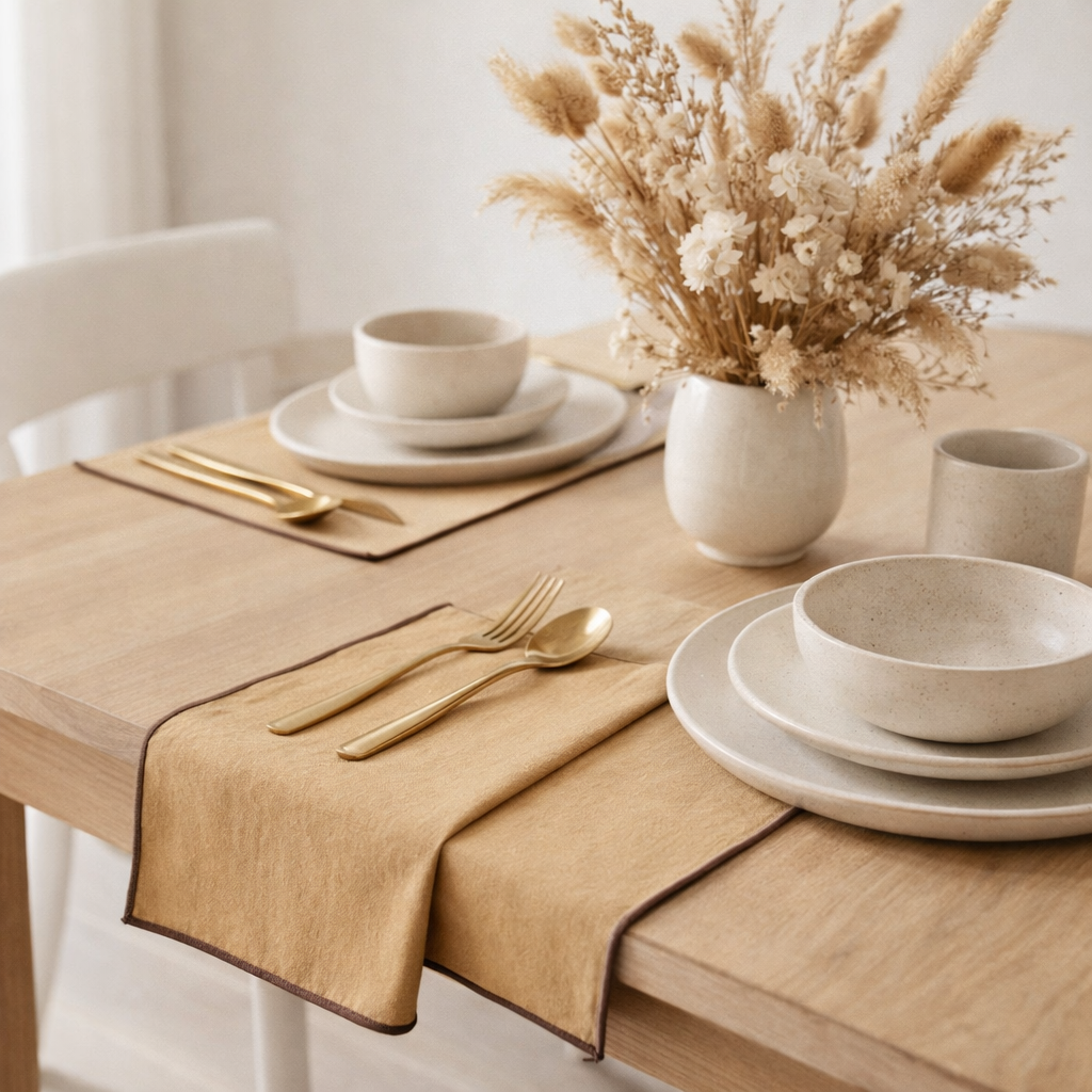 Serviette de table recyclée Grace Camel 40 x 40 en situation