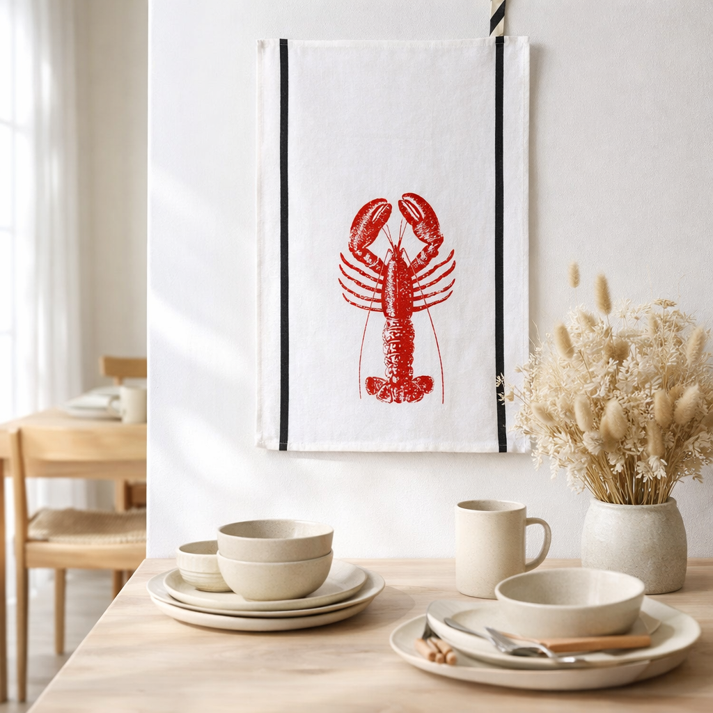 Torchon Homard Rouge Corail Blanc 50 x 70 en situation