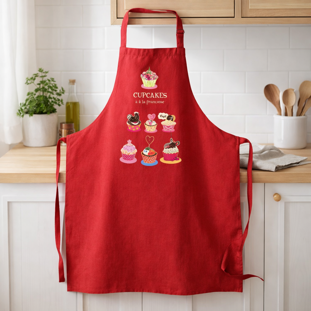 Tablier de cuisine sans poche Cupcake recyclé Rouge 72 x 90 en situation