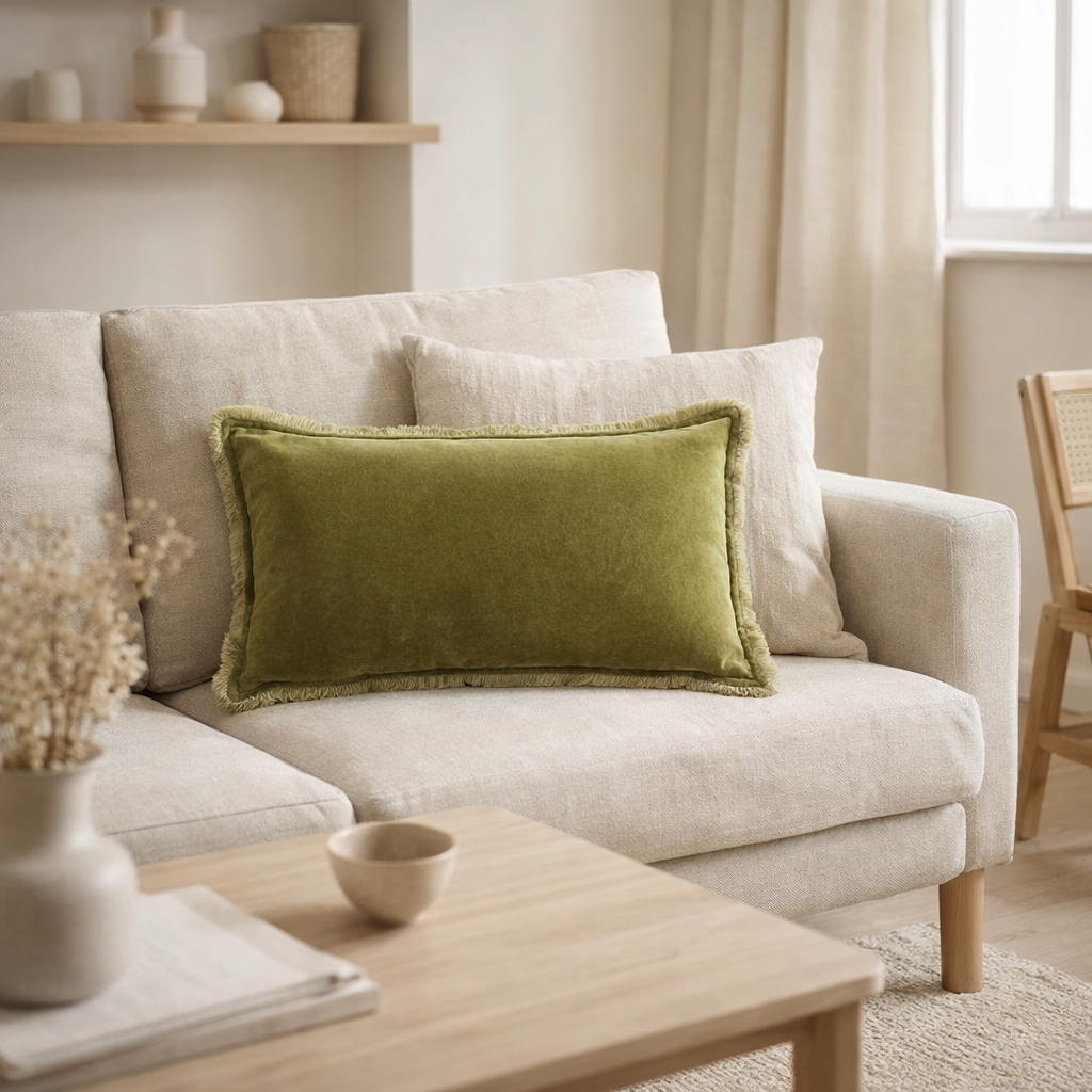 Coussin uni Fara Olive 30 x 50 en situation