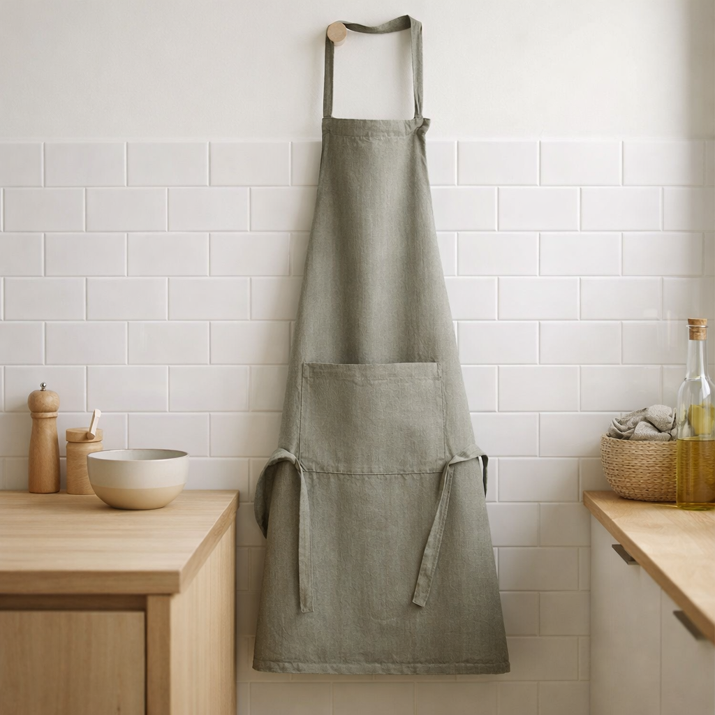 Tablier de cuisine recyclé Ada Ombre 72 x 85 en situation