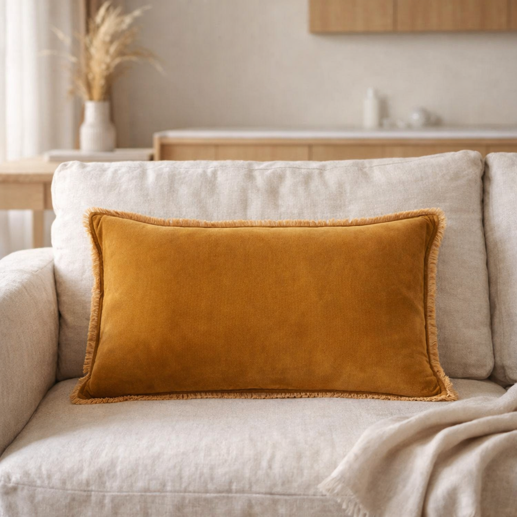 Coussin uni Fara Safran 40 x 65 en situation