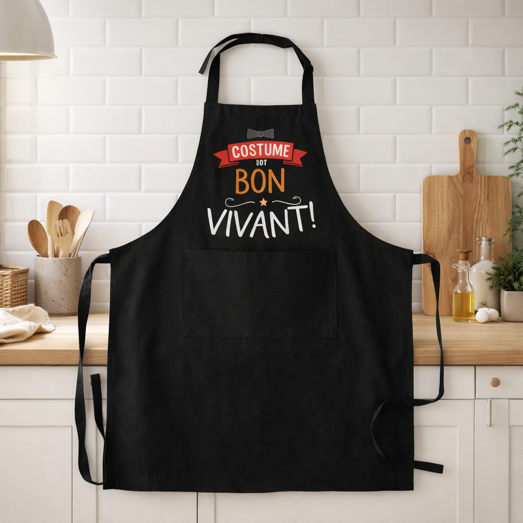 Tablier de cuisine Costume du bon vivant recyclé Noir 72 x 90 en situation