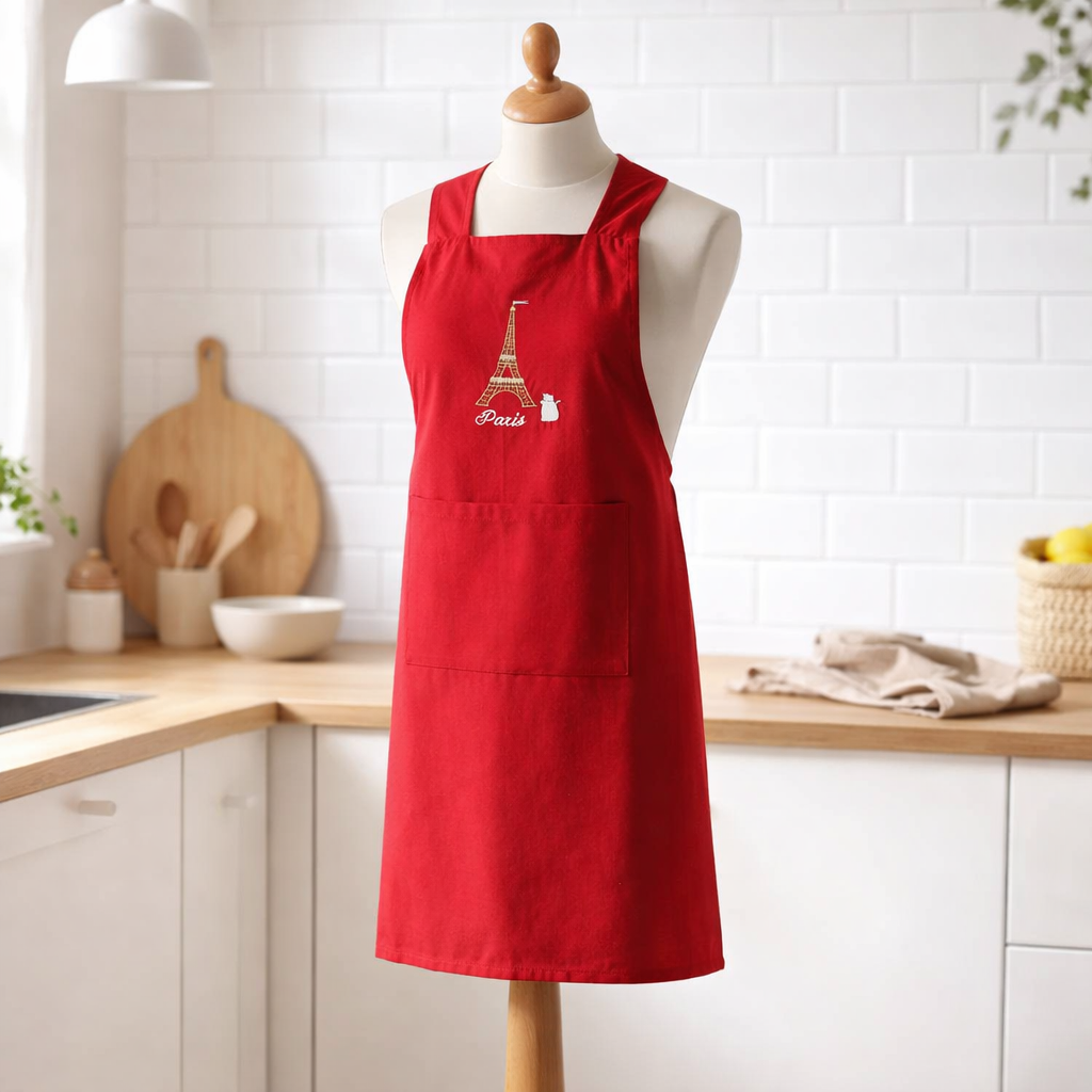 Tablier de cuisine japonais recyclé Tour Eiffel Rouge 125 x 85 en situation
