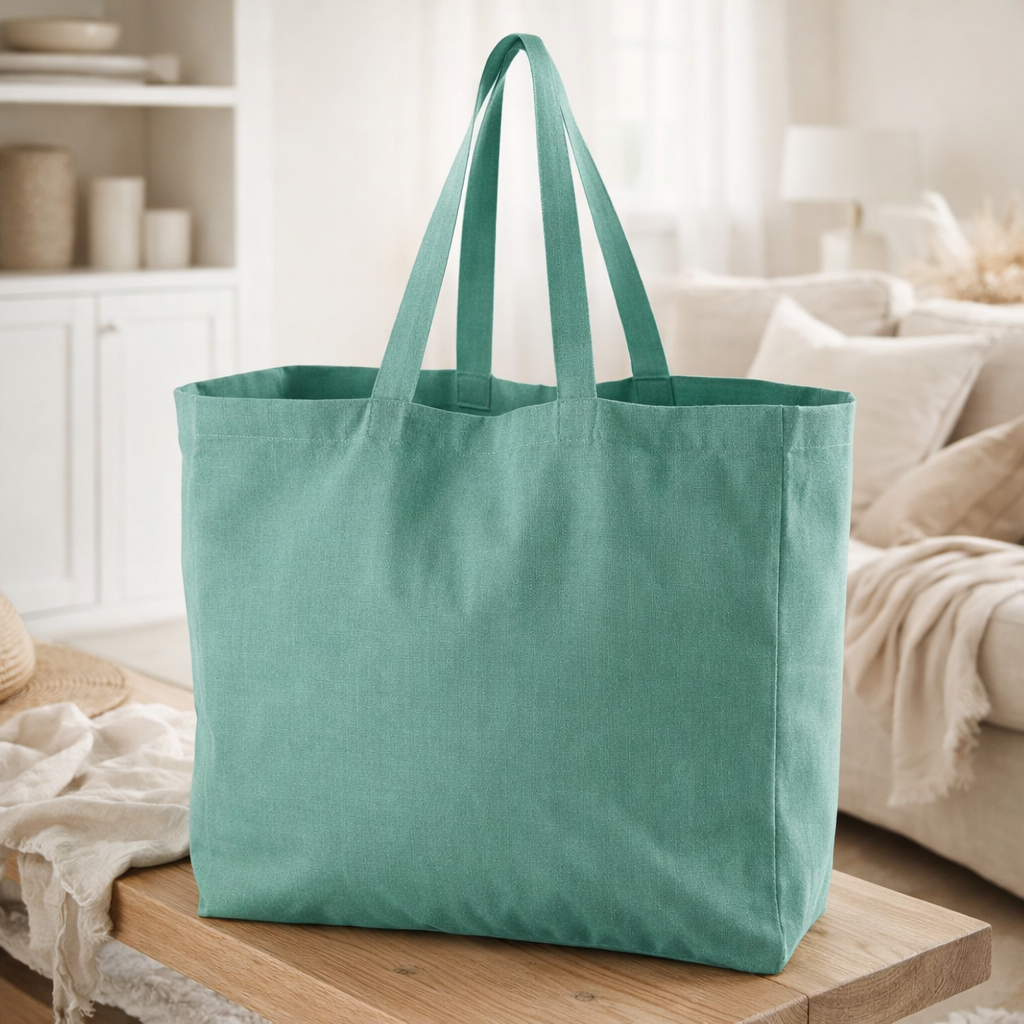 Sac shopping recyclé Grace Paon 35 x 40 x 15 cm en situation