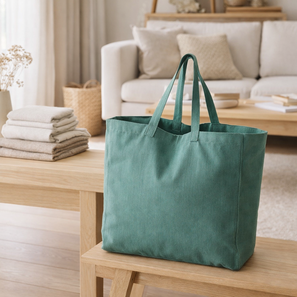 Sac shopping recyclé Grace Paon 35 x 40 x 15 cm en situation