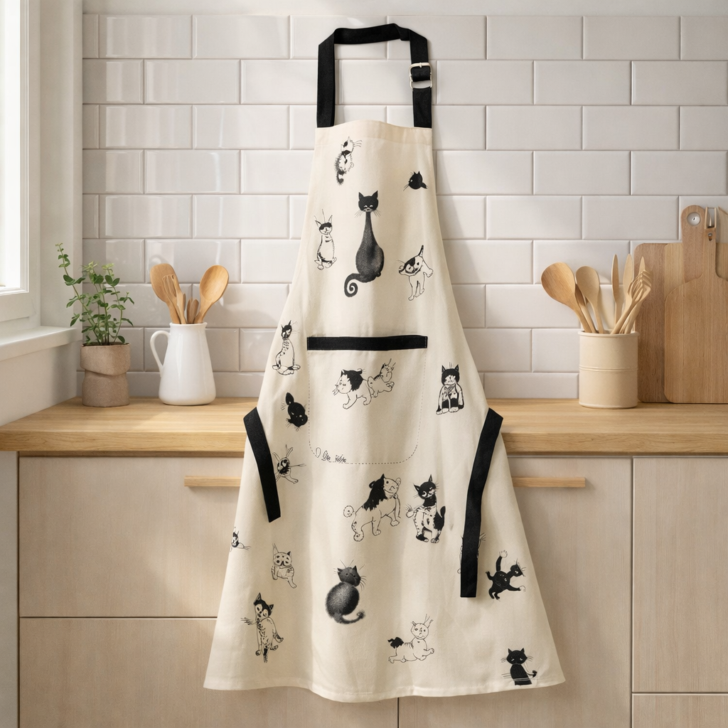 Tablier de cuisine imprimé Dubout Multi chatons Ficelle 72 x 85 en situation