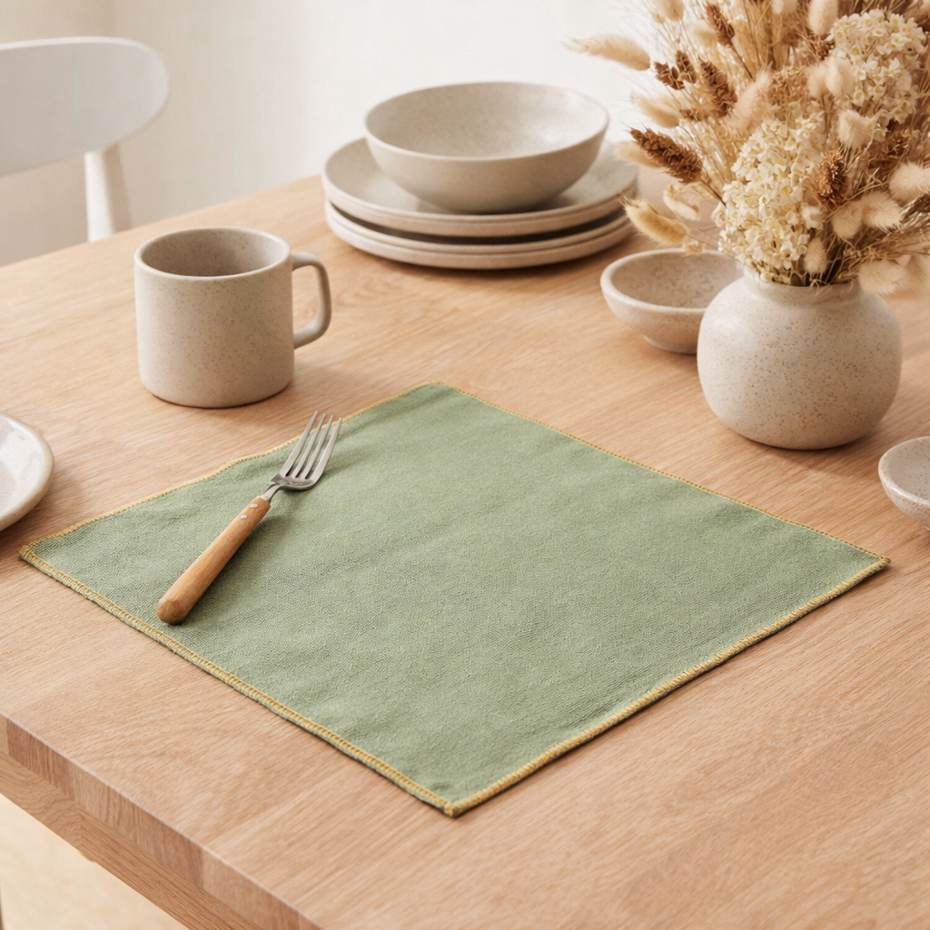 Serviette de table recyclée Grace Amande 40 x 40 en situation